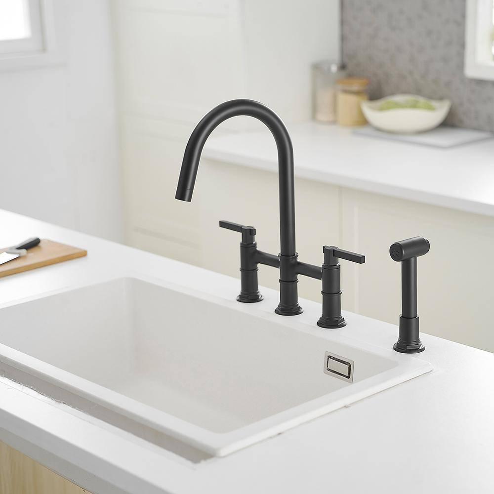 Double Handle Bridge Kitchen Faucet with Side Sprayer in Matte Black