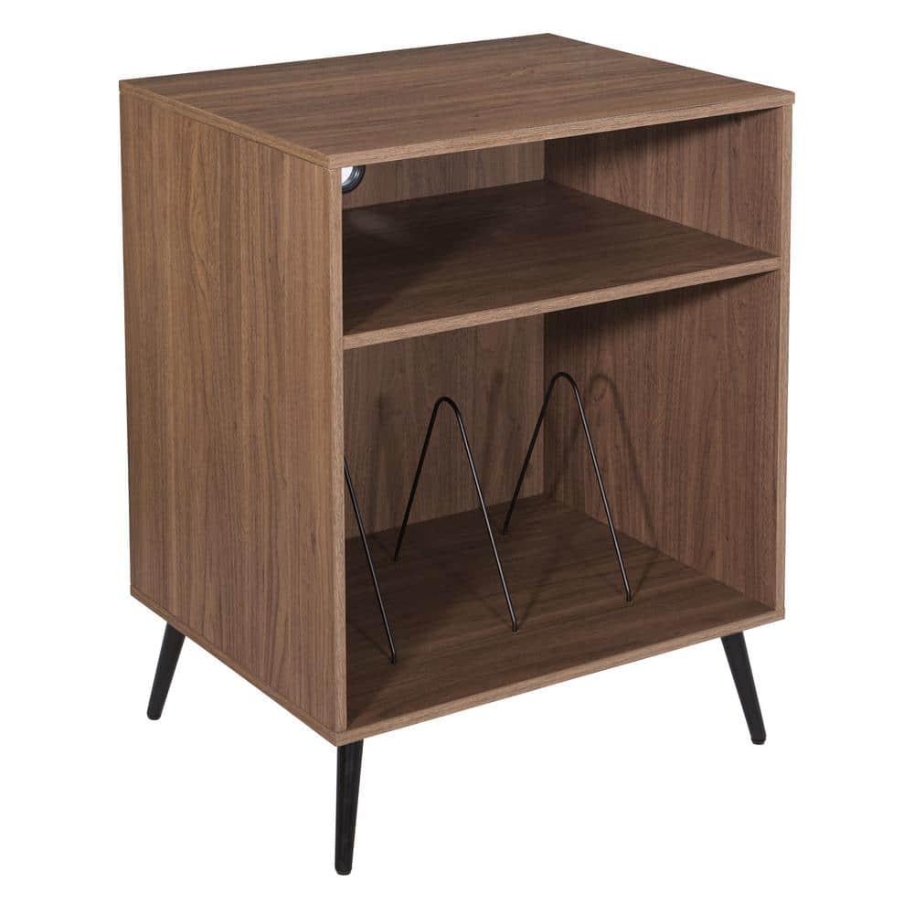 OSP Home Furnishings Retro Record Player Stand Console with Album Storage, Majestic Walnut Finish