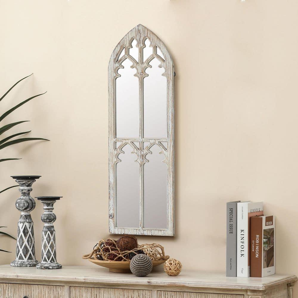 LuxenHome Distressed White Wood Cathedral Framed Wall Mirror
