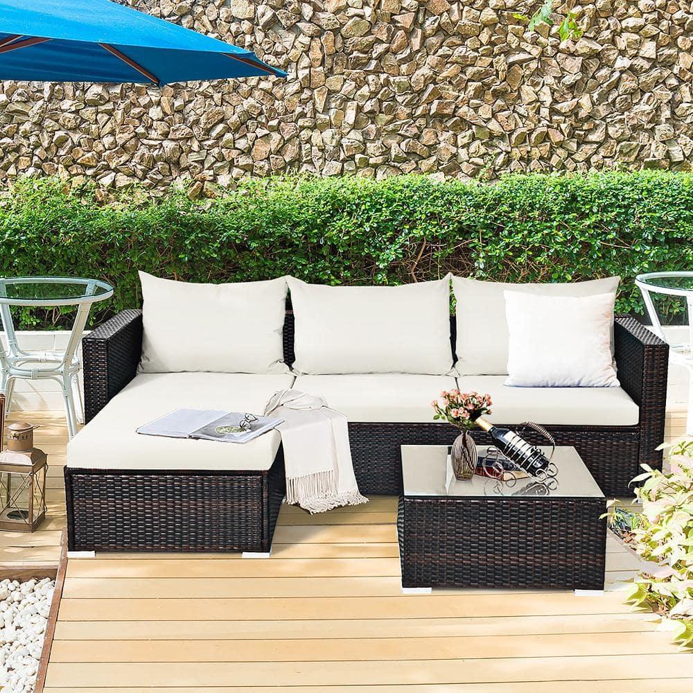 Topcobe 5 Pieces Patio Rattan Sectional Furniture Set with Cushions and Coffee Table, Outdoor Furniture, Off White