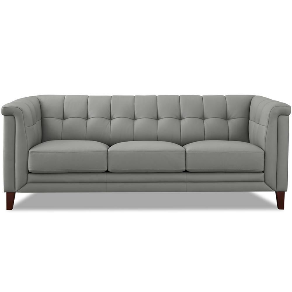 Arvo 84" Silver Gray Tufted Leather Sofa with Wood Legs