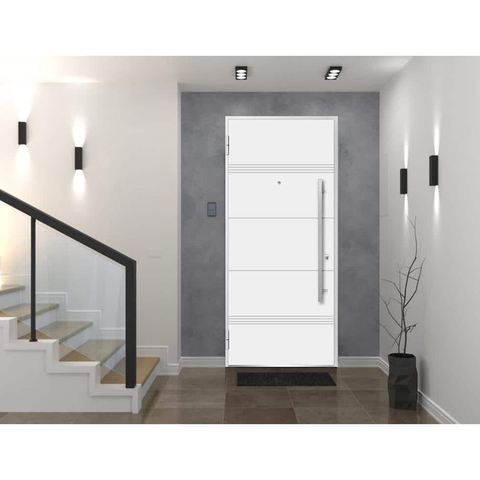 VDOMDOORS Front Exterior Prehung Steel Door 36 x 80 inches Right-Hand/Deux 1705 White Enamel/Horizontal Lines Single Modern Painted