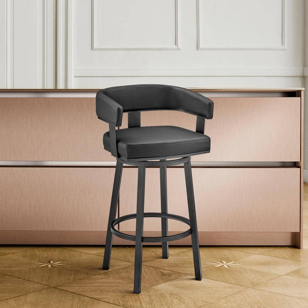 Armen Living Lorin30" Bar Height Swivel Bar Stool in Black Finish and Black Faux Leather