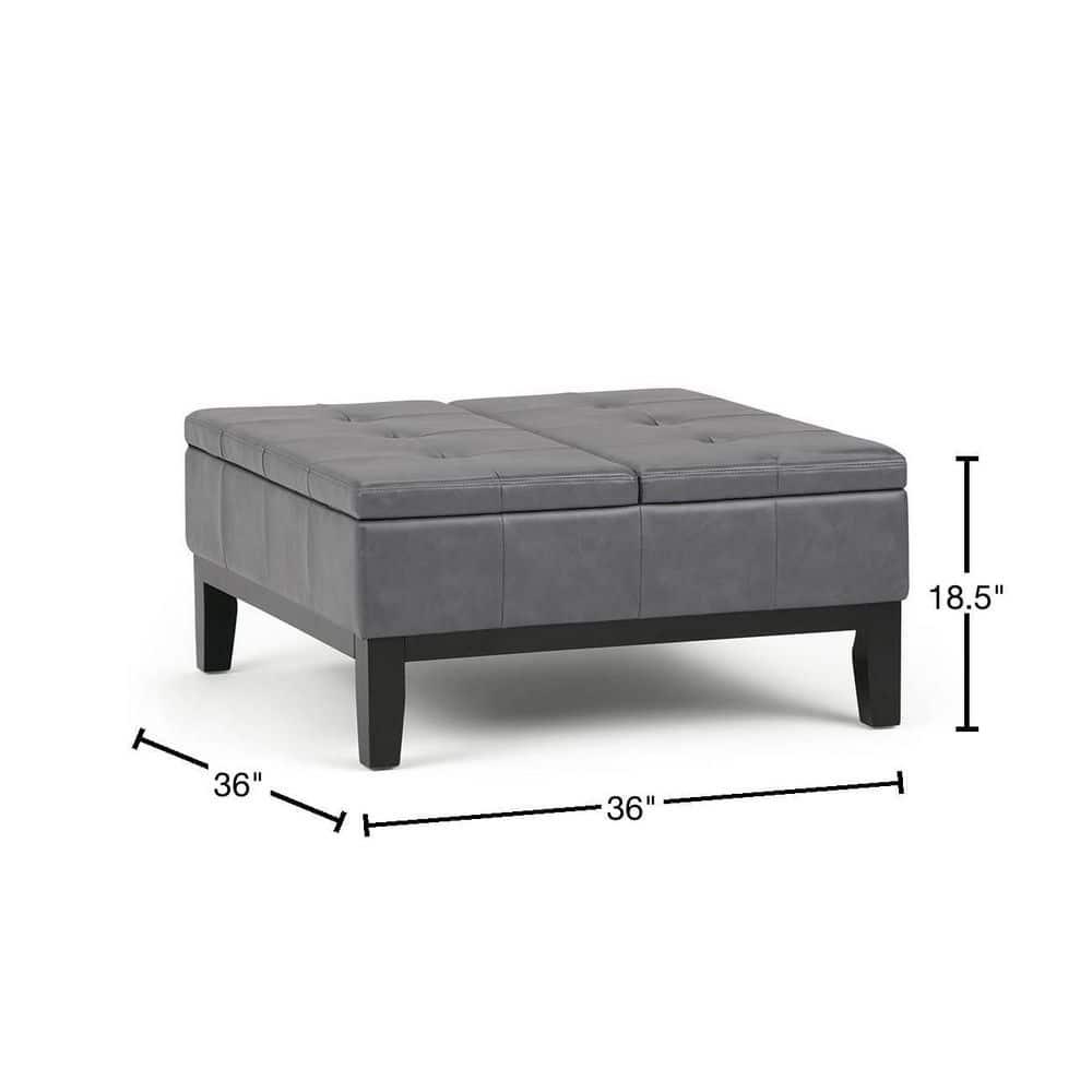 Simpli Home Dover 36"W Upholstered Square Coffee Table Storage Ottoman with Split Tufted Lift Top