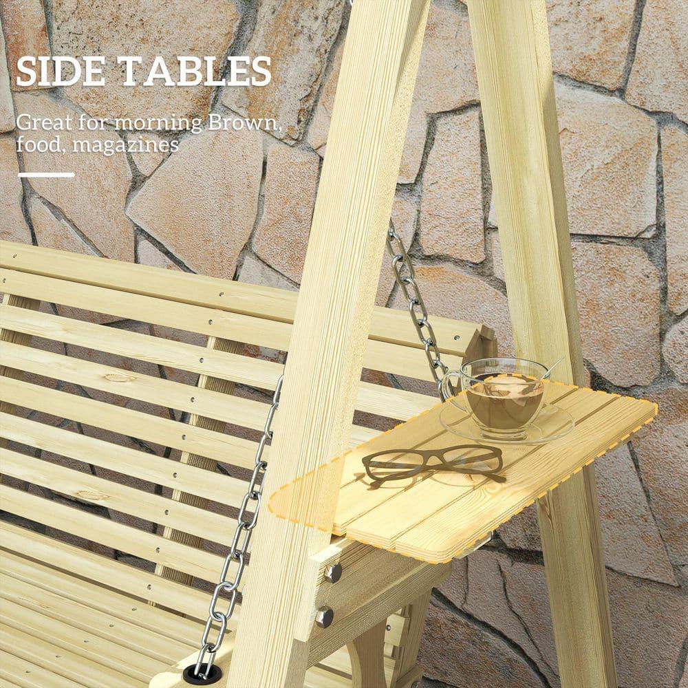 Outsunny 3 Seat Wooden Porch Swing with Stand, Patio Swing Chair with Side Tables, Natural Wood