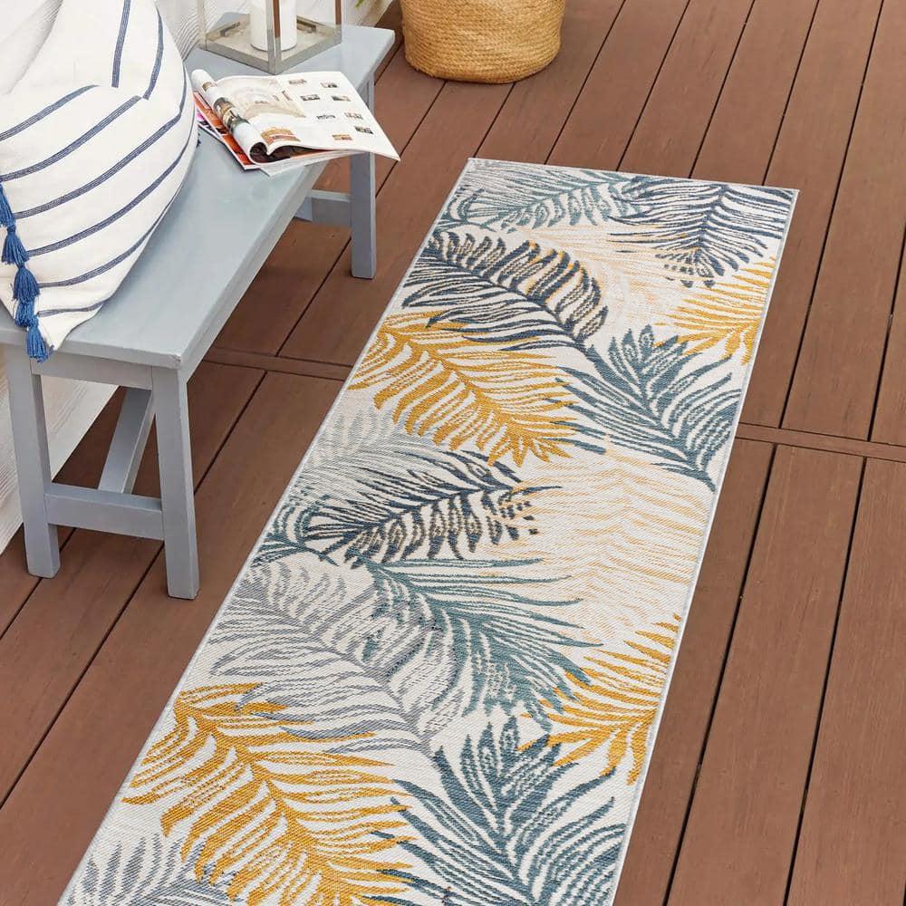 JONATHAN Y Calypso Coastal Casual Palm Frond Reversible Machine-Washable Cream/Navy 2 ft. x 8 ft. Indoor/Outdoor Runner Rug