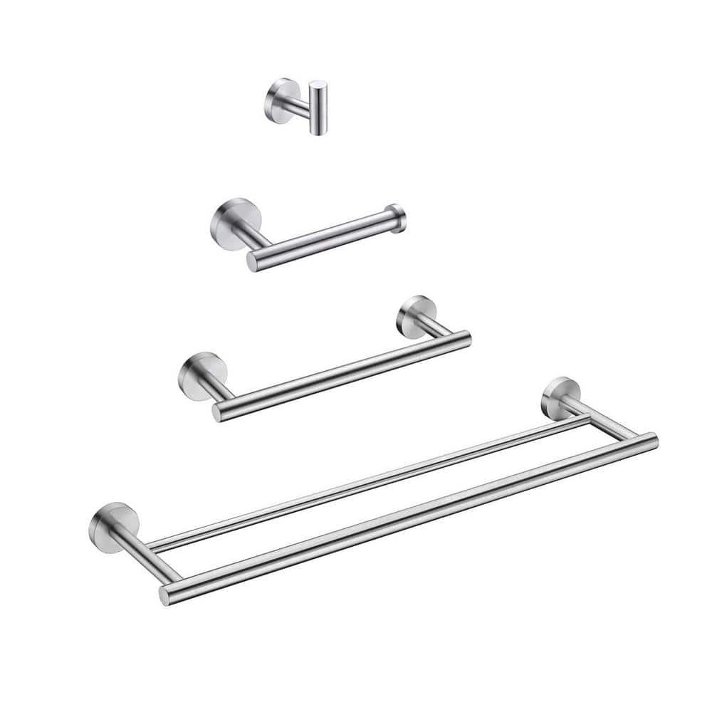 4-Piece Bathroom Accessories Set Brushed Stainless Steel Wall Mount - Includes Double Towel Bar, Hand Towel Rack, Toilet Paper Holder, Robe Hooks, BS100S4-BN