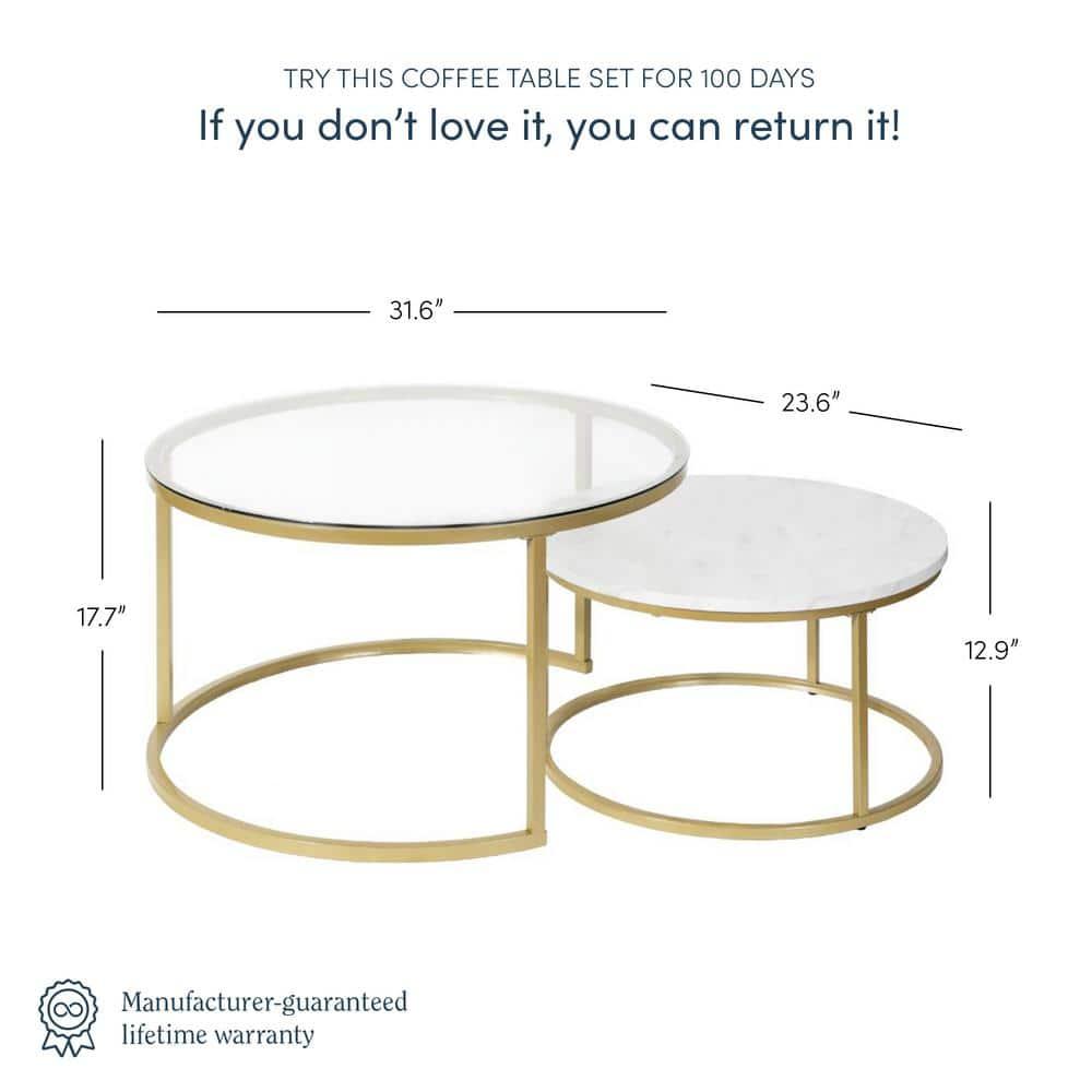 Modern Luxe Round Nesting Coffee Table Set, Glass & Marble on Gold Frame