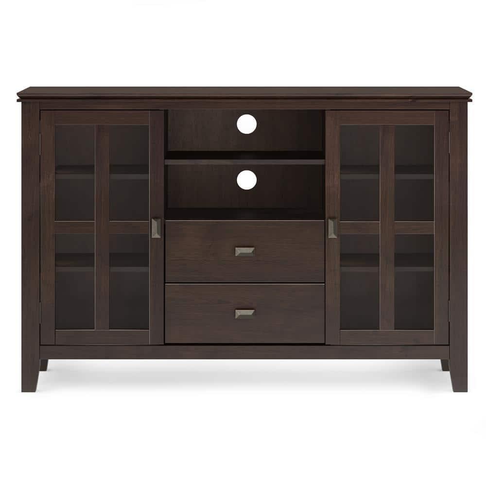 Simpli Home Artisan TV Media Stand in Dark Chestnut Brown