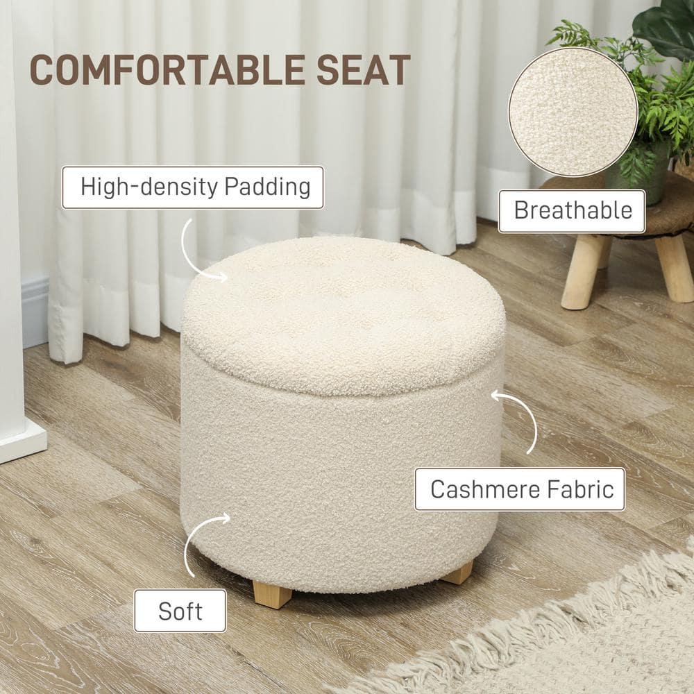 HOMCOM 18" Round Ottoman with Storage, Teddy Fleece Button Tufted Bedroom Stool with Removable Lid and Wood Legs for Living Room, Hallway, White