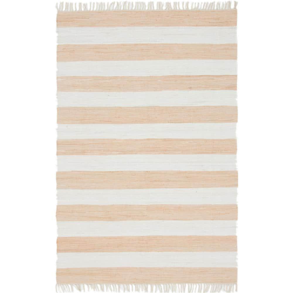 Unique Loom Chindi Rag Collection Area Rug - Striped (6' 1" x 9' Rectangle Beige/Ivory)