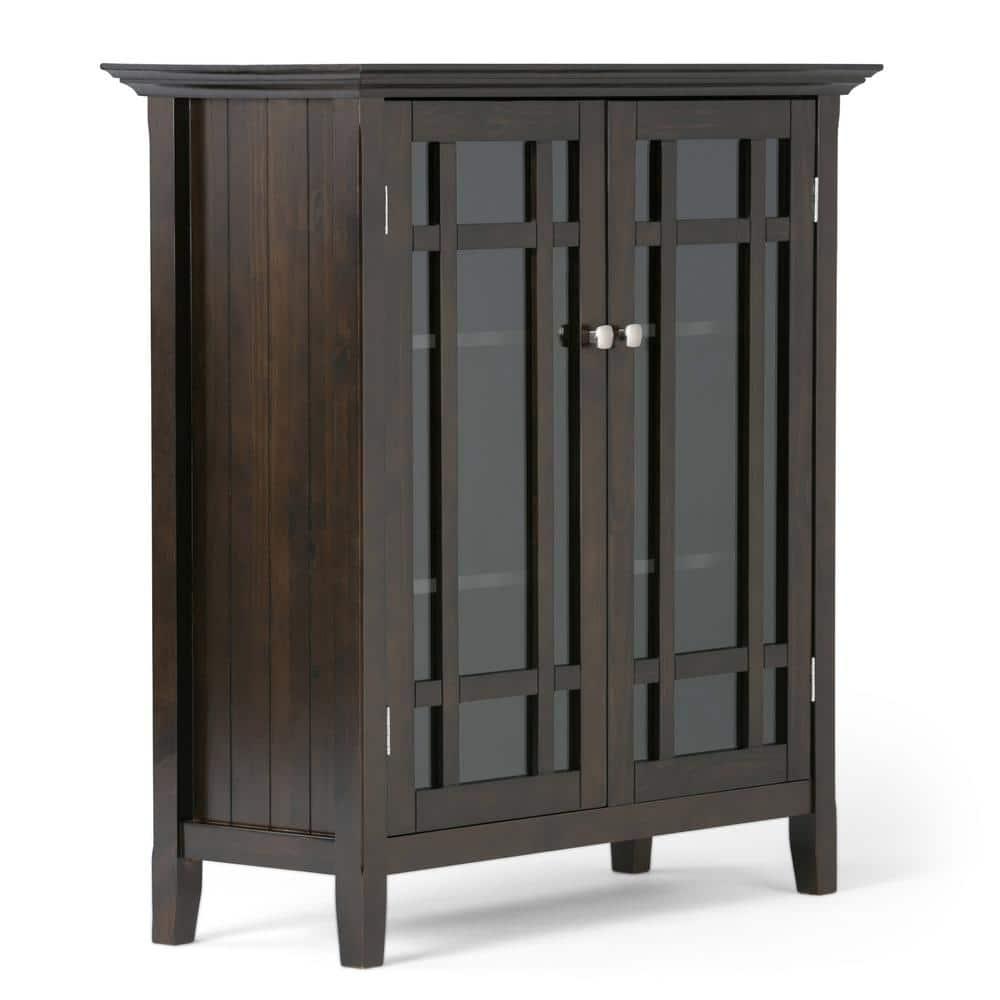 Simpli Home Bedford 39"W Solid Wood 4-Shelf Medium Storage Cabinet with Glass Doors and Adjustable Shelves