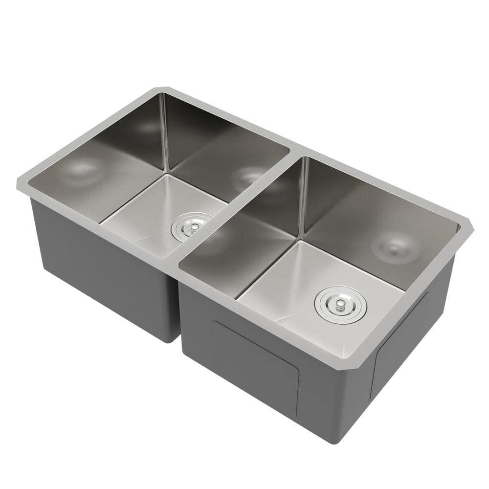 DeerValley 33'' L Undermount 50/50 Double Bowl Stainless Steel Kitchen Sink with Basket Strainers and Stainless Steel Grids