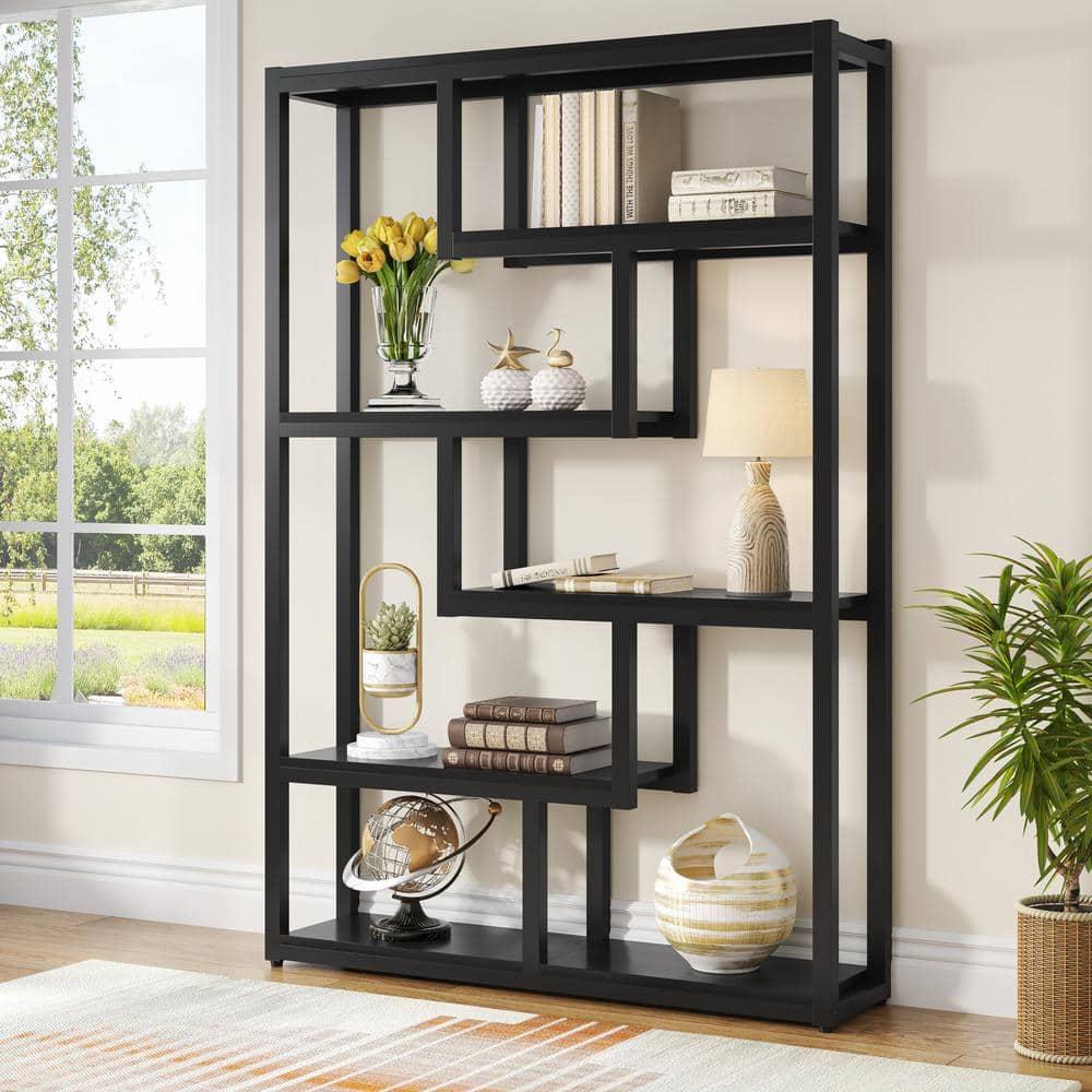 Hommoo 6-Tier Bookshelf, 69" Industrial Bookcase with Staggered Shelves Black