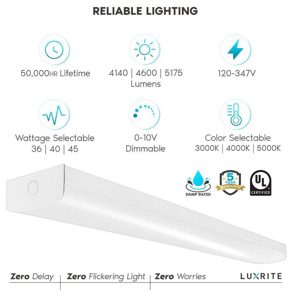 Luxrite 4FT LED Wraparound Light, 36/40/45W, 3 CCT, 4140/4600/5175 Lumens, Dimmable, 120-347V, Damp Rated, UL Certified