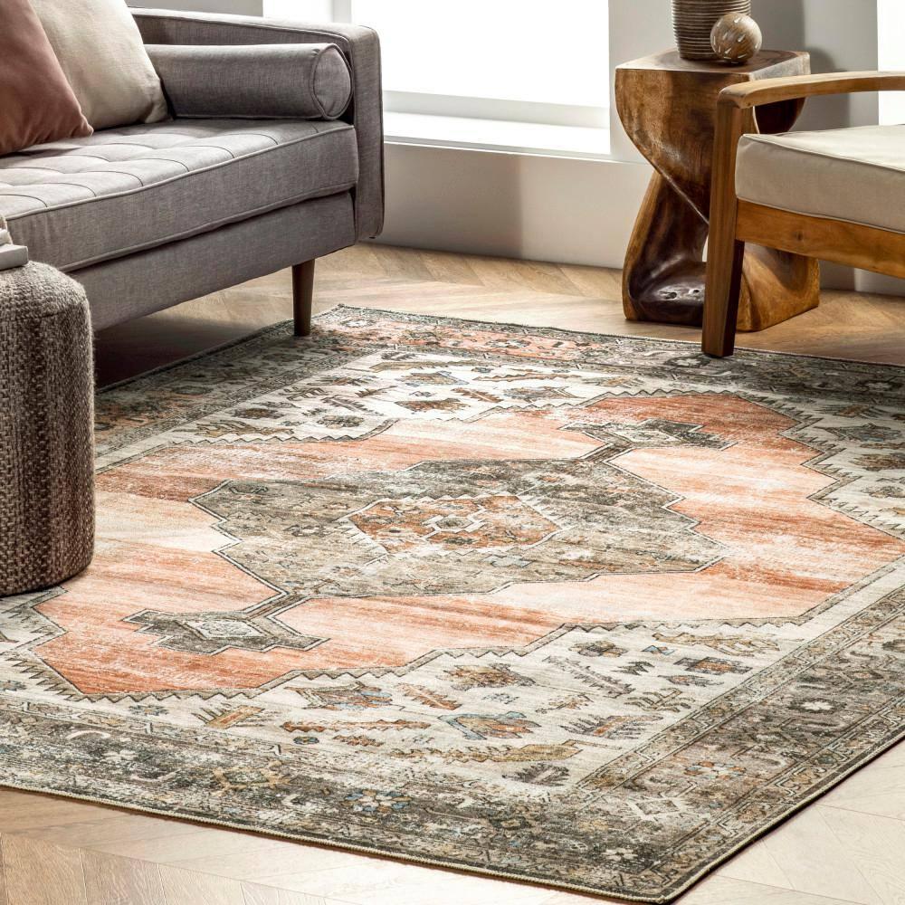 Nuloom Gracie Distressed Medallion Pet Friendly Machine Washable Area Rug, 6' x 9', Peach