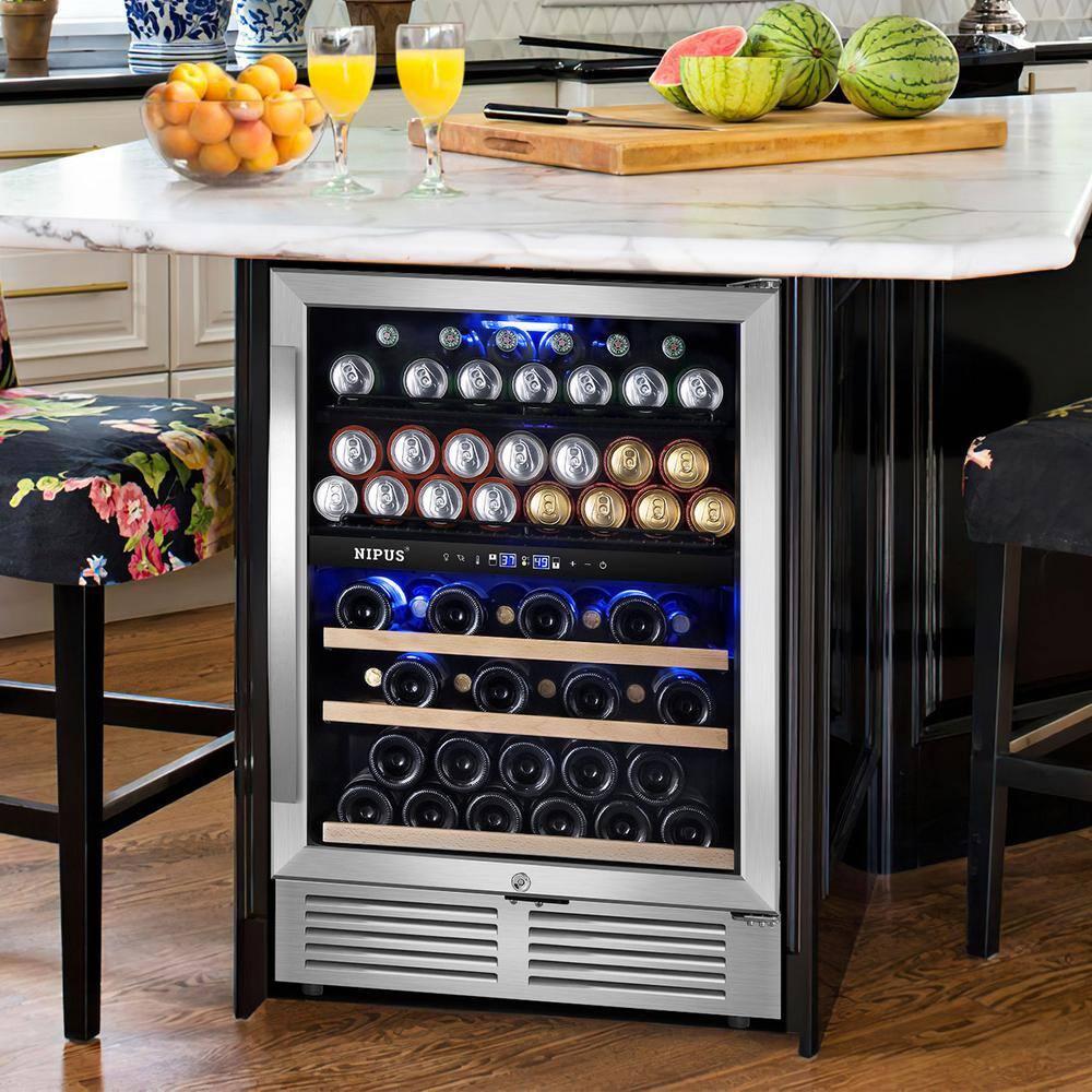 Nipus 24 Inch 94 Can and 27 Bottle Dual Zone Wine & Beverage Refrigerator Freestanding Built-in Beer and Drink Cooler with Glass Door For Kitchen, Bar or Office Classic Series