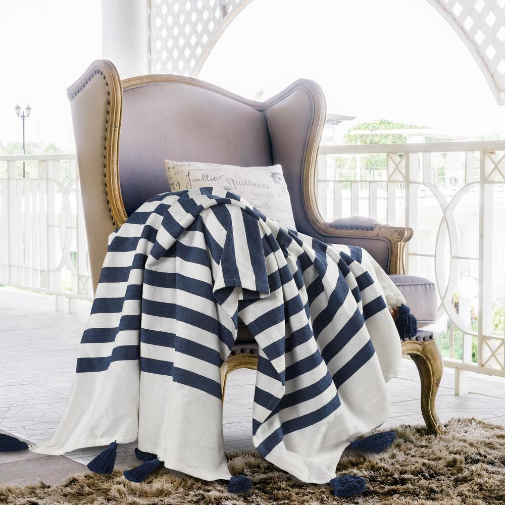 Ox Bay Navy Blue/White Striped Cotton Throw Blanket, 50" x 60"