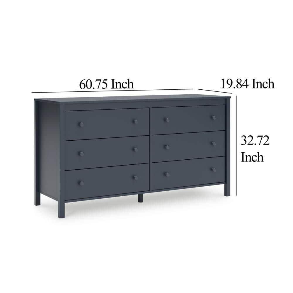 Benjara Cian Wide Dresser, 6 Drawers, Knob Handles, Navy Blue Wood, 61 Inch