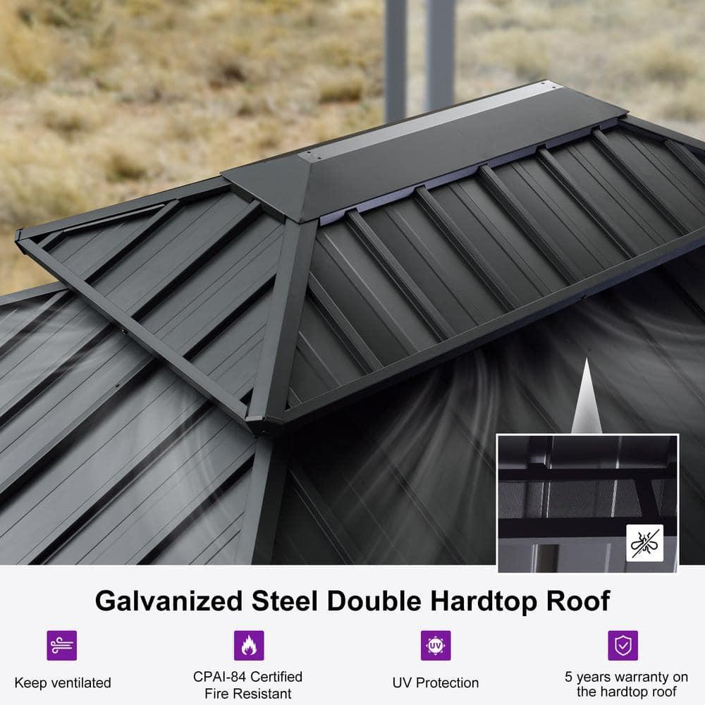 PURPLE LEAF 10' x 14' Hardtop Gazebo with String Lights Galvanized Steel Double Roof Gazebo with Aluminum Frames Outdoor Large Pavilion Gazebos for Patio Deck Garden, Light Grey