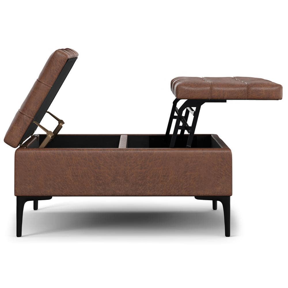 Simpli Home Laura 36 inch Wide Mid Century Square MidÂ CenturyÂ Lift TopÂ Storage Ottoman in Distressed Saddle Brown Vegan Faux Leather