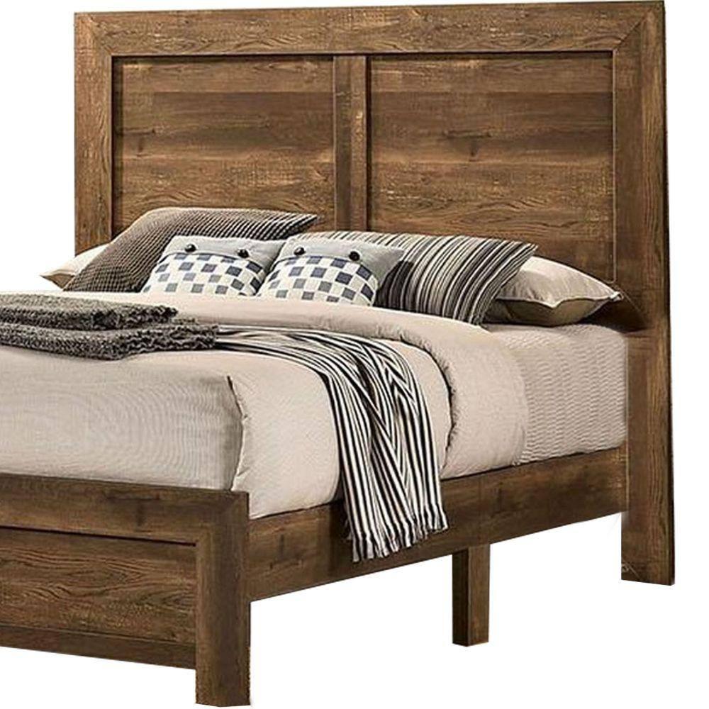 Benjara Rustic Style Wooden Queen Bed with Grain Details, Brown