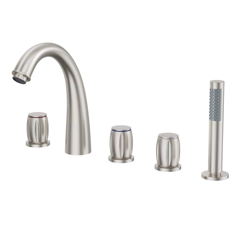 Brushed Nickel 3-Handle Deck Mount Roman Tub Faucet with Hand Shower