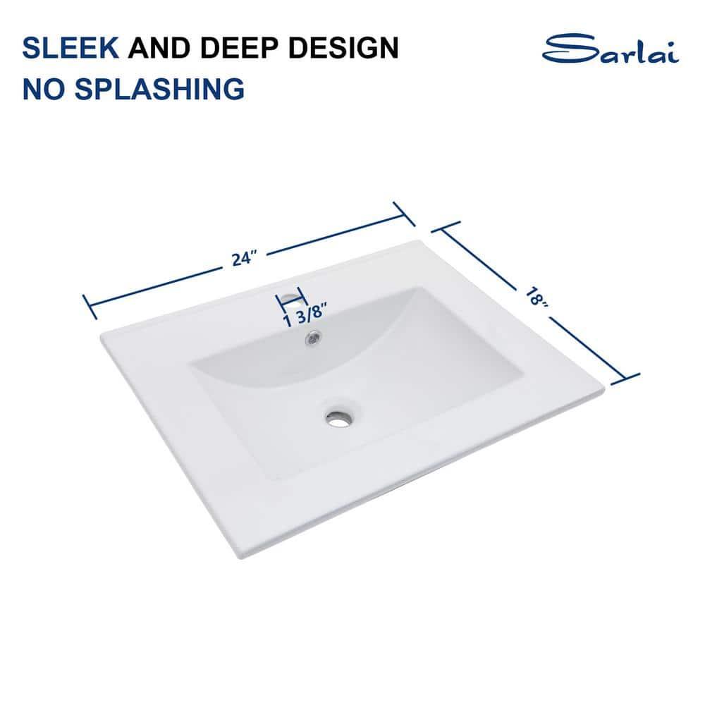Sarlai 24 Inch Bathroom Vanity Sink Tops - White Drop In Bathroom Sink Ceramic Topmount Rectangular Vanity Top with Overflow