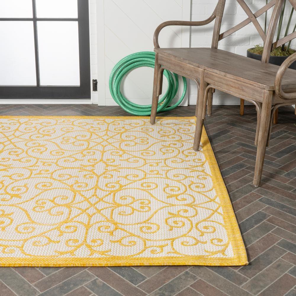 5' x 8' Madrid Vintage Filigree Textured Weave Indoor/Outdoor Area Rug, Cream/Yellow - JONATHAN Y