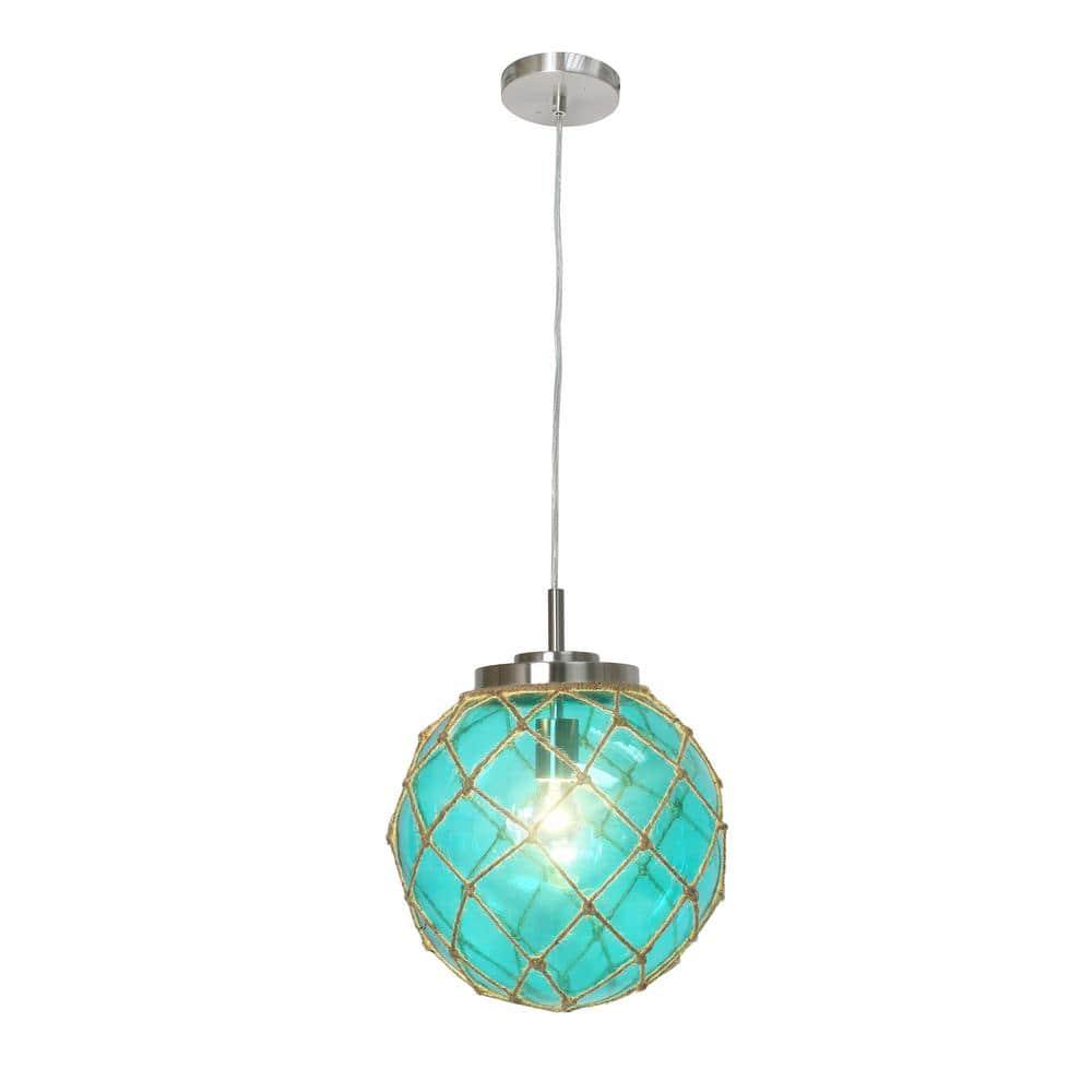 Buoy Netted Coastal Ocean Sea Glass Pendant with Natural Rope Aqua - Elegant Designs: Brushed Nickel Canopy, UL Listed