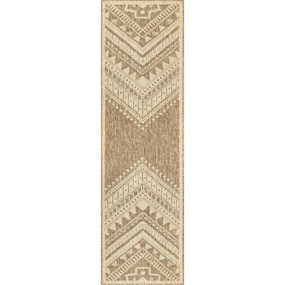 Nuloom Landry Geometric 2x8 Indoor/Outdoor Runner Rug for Living Room Patio Deck Front Porch Entryway Hallway Kitchen, Brown/Ivory