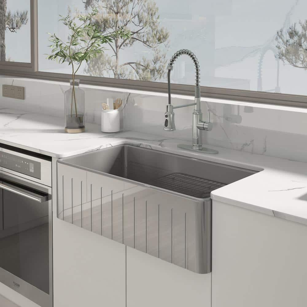 33 in. Farmhouse/Apron-Front Single Bowl Matte Gray S2 Fine Fireclay Kitchen Sink with Bottom Grid and Strainer Basket