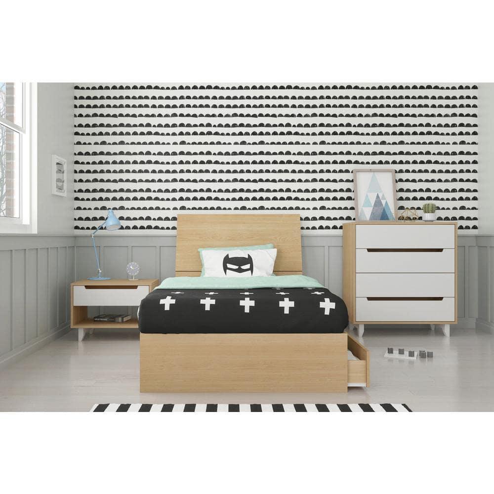 Open Shelf 1 Drawer Nightstand White/Natural Maple - Nexera: Mid-Century Modern Bedside Table, Wood Composite
