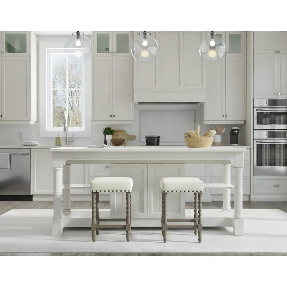 Carolina Living 24" Cadmus Counter Height Barstool Gray/Beige: Upholstered Seat, Antique Brass Nailhead Trim