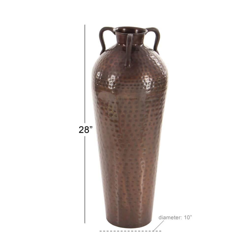 DecMode 28" Tall Floor Mediterranean Style Brown Metal Vase with Hammered Details and Handles