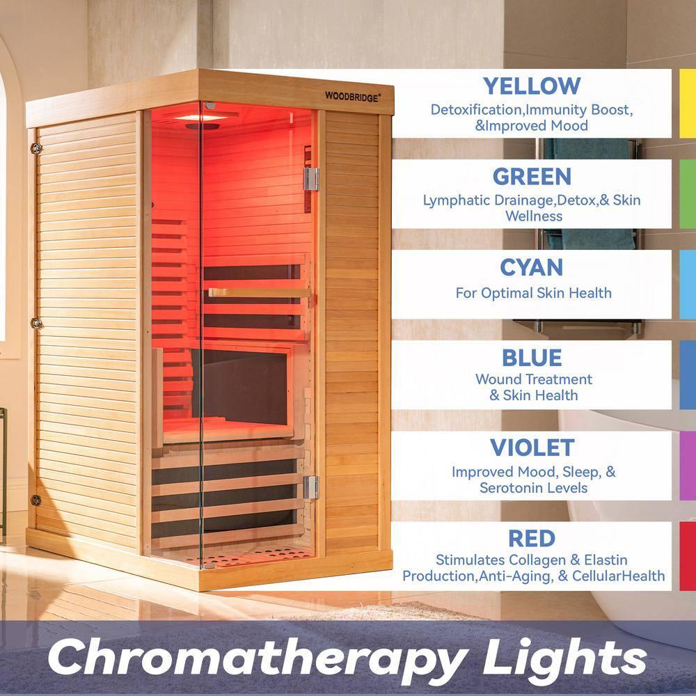 WoodBridge 1 Person Indoor Bluetooth Compatible FAR Infrared Sauna in Canadian Hemlock, Touch-Tone Keypad, LED Therapy Light