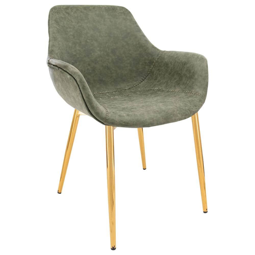 LeisureMod Markley Faux Leather Dining Chair with Arms and Gold Metal Legs, Olive Green