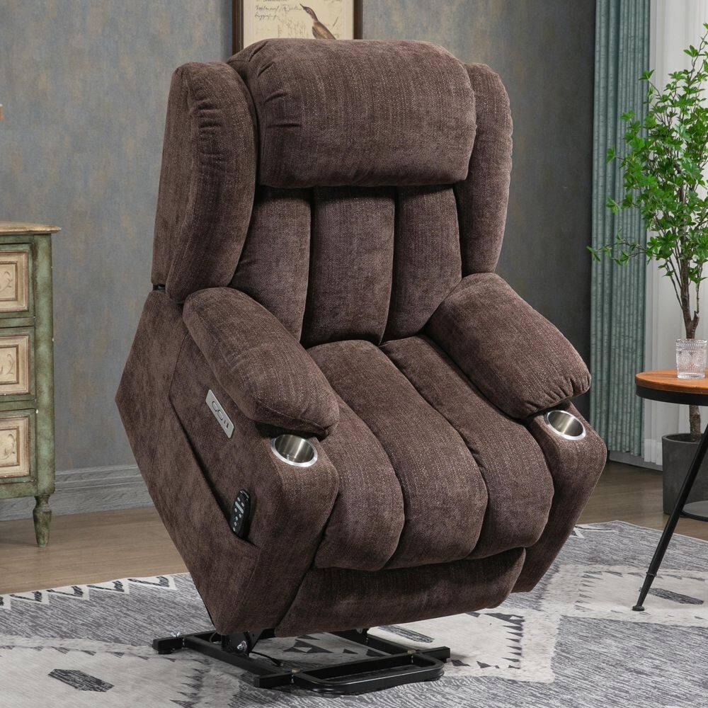 Power Lift Chair with Full-Body Massage and Heat, Electric Recliner Chairs for Adults, Remote Control, Standing Assistance, USB Ports, Stainless Steel Cup Holders, Chenille Brown
