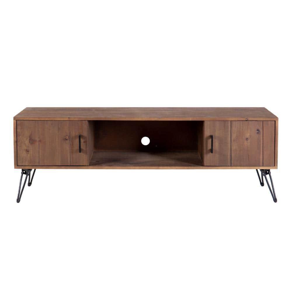 60 Inch Reclaimed Wood Rectangle Farmhouse Tv Stand Media Console, 2 Doors, Iron Legs, Natural Brown