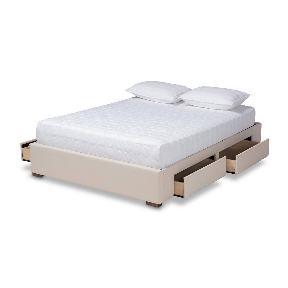 King Leni Bed Frame Beige - Baxton Studio: Storage Drawers, Polyester Upholstery, No Box Spring Required
