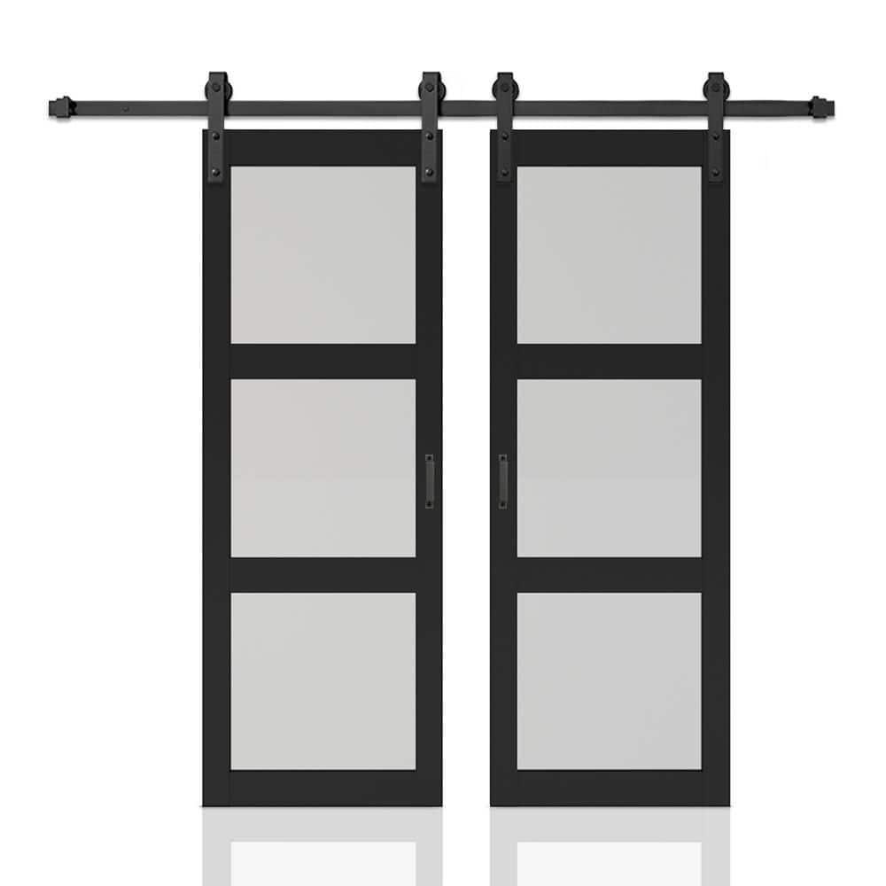Calhome 3-Lite Tempered Frosted Glass White Finished Composite Double Sliding Barn Door with Hardware Kit Handle