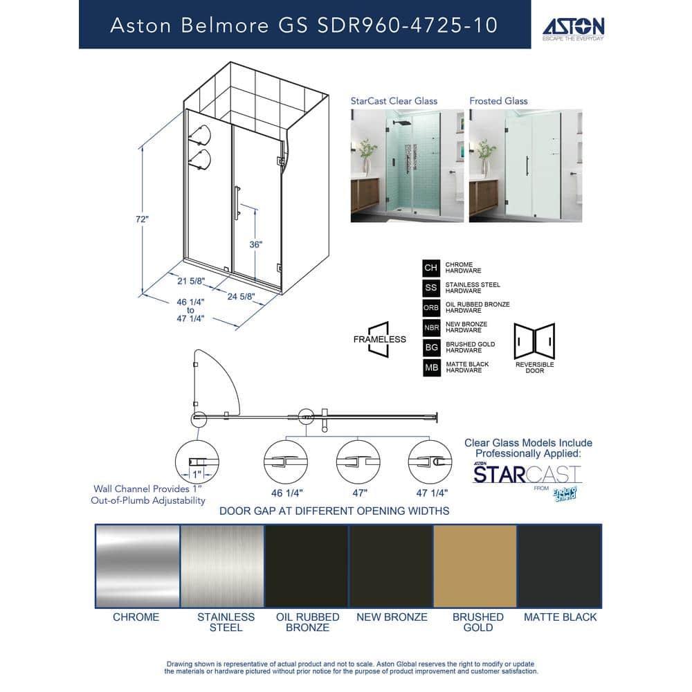 Aston Belmore GS 47" x 72" Hinged Frameless Frosted Shower Door SDR960F-CH-4725-10
