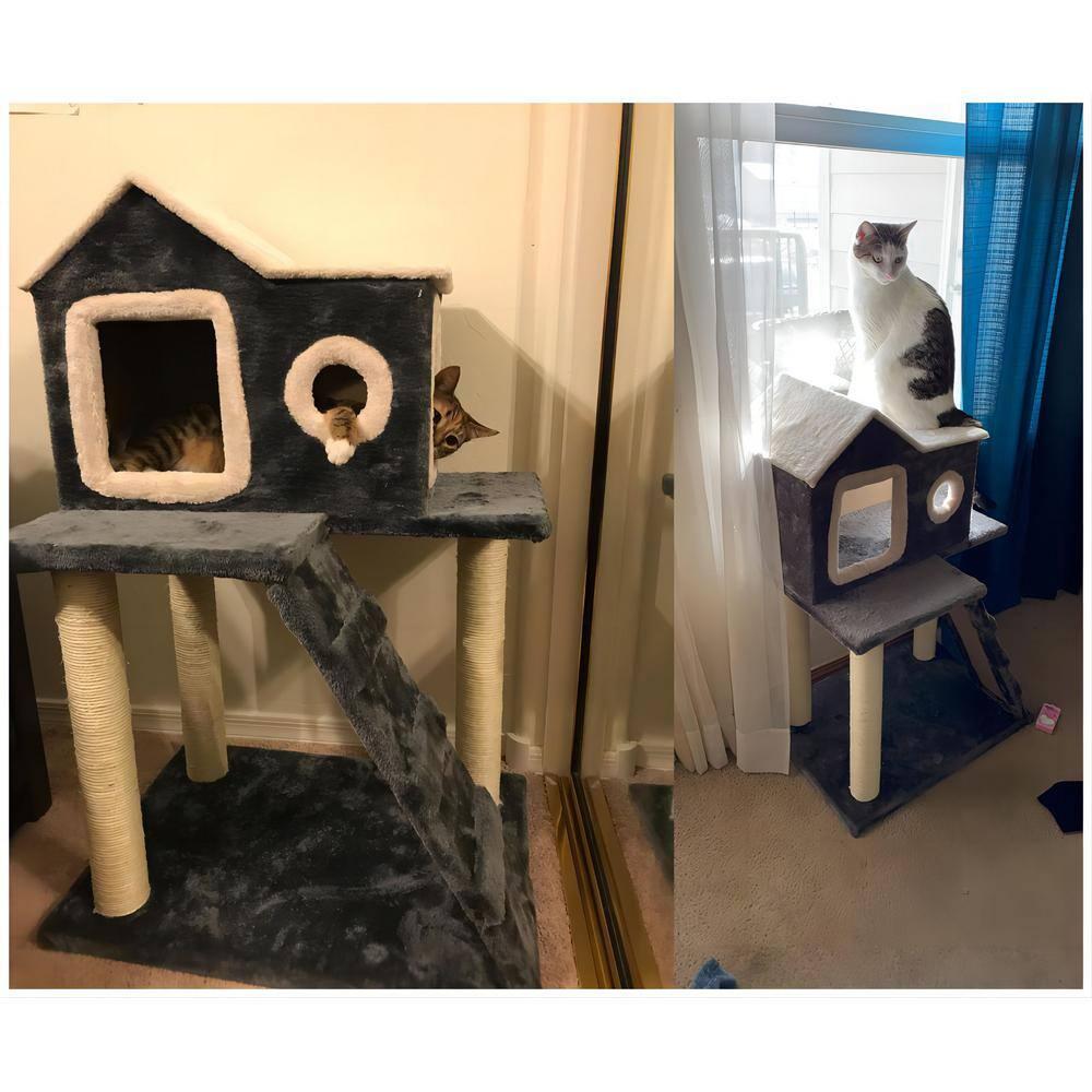 Gymax 35'' Modern Cat Tree 3-level Cat Condo Furniture w/ Openable Roof Sisal Scratching Posts