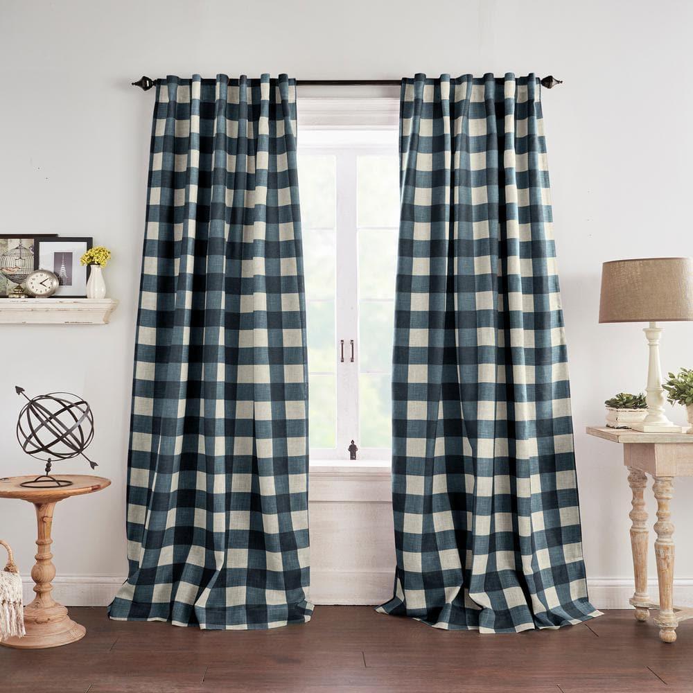 Grainger Buffalo Check Lined Room Darkening Single Window Curtain Panel - 52" x 84" - Indigo - Elrene Home Fashions