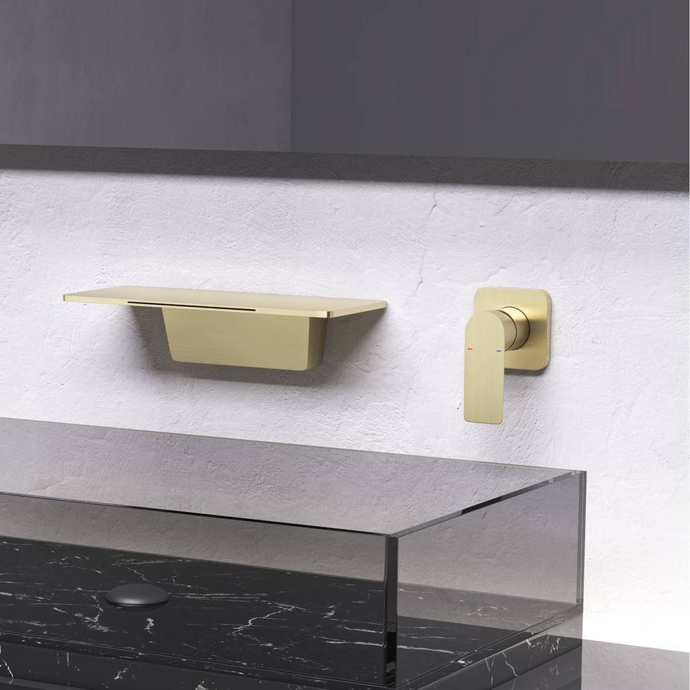 Bathroom Faucet Waterfall Bathroom Sink Faucet Brushed Gold Brass Basin Mixer Tap Single Handle Basin Tap Wall Mounted Lavatory Faucet with Cold and Hot Water