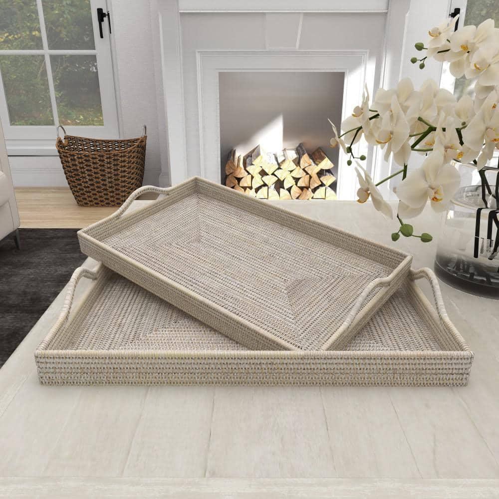 DecMode 26", 23"W Cream Rattan  Tray, 2-Pieces