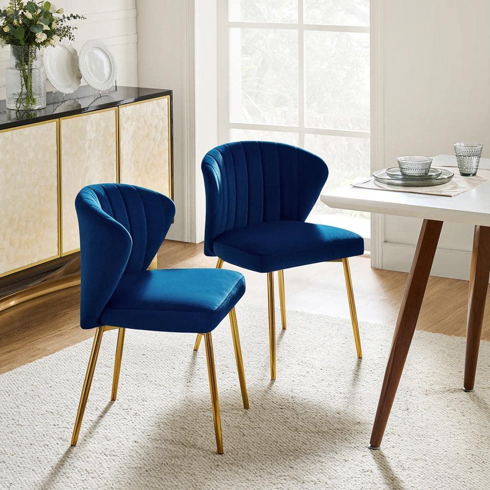 Home Velvet Dining Chairs Set of 2 Upholstered Wingback Accent Side Chairs Metal Legs Living Room Kitchen Navy