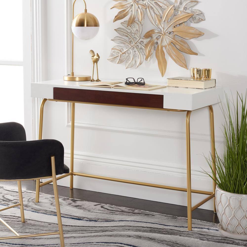 SAFAVIEH Nola Wood 1-Drawer Writing Desk, White/Brown/Gold