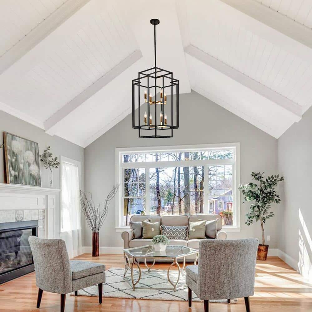 8-Light Lantern Tiered Pendant Light Fixtures, Black Metal Farmhouse Chandelier Hall Foyer Hanging Chandelier for Kitchen Island Dining Room Living Room Foyer Entryway, Black+Gold