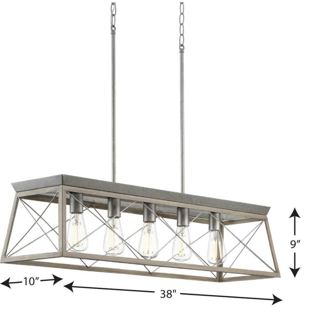 Progress Lighting Briarwood 5-Light Linear Chandelier, Galvanized Finish, Steel Material, Faux-Painted Wood Enclosure